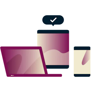 Laptops and device with a checkmark in a speech bubble.