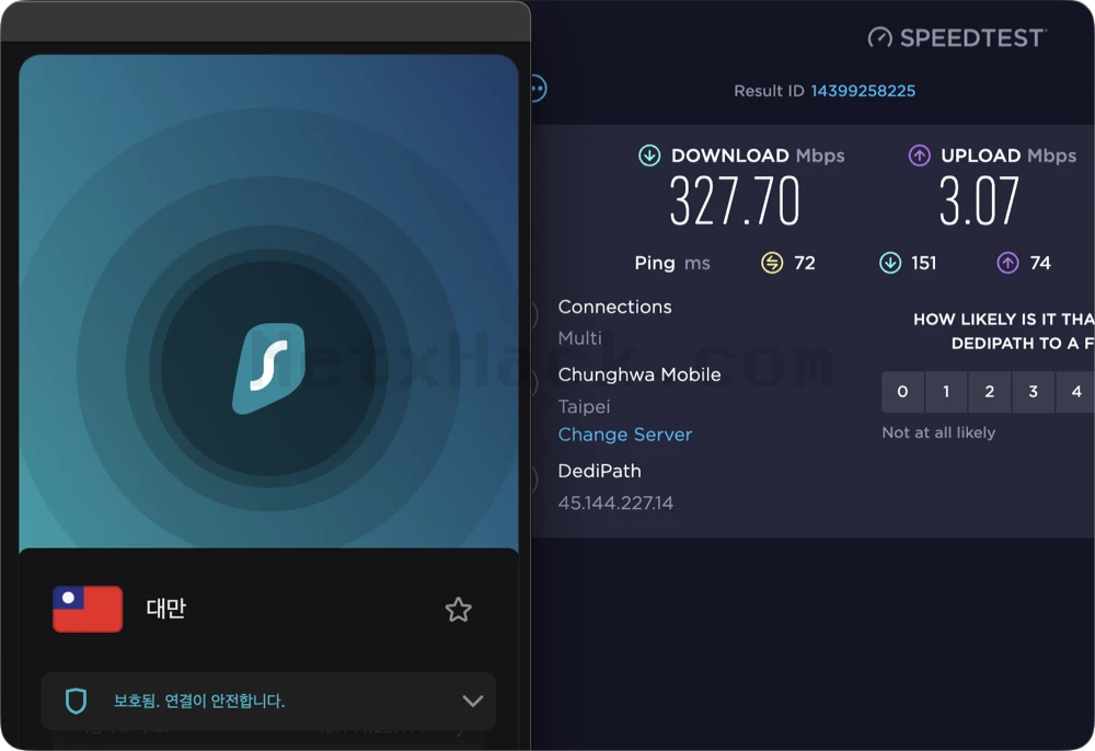 서프샤크 대만 VPN 서버 속도 테스트